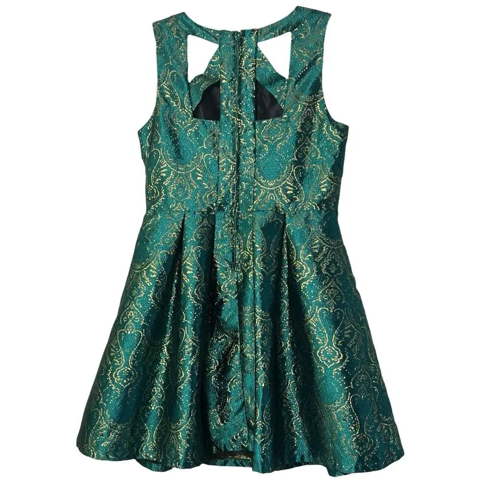 The Children’s Place Girls Dress Size 14 Teal Green Gold Brocade Party Holiday